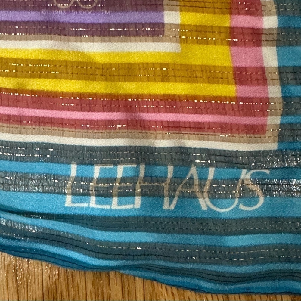 Leehaus Olympic Silk Scarf Blue Pink Yellow Metallic Floral - Picture 3 of 5